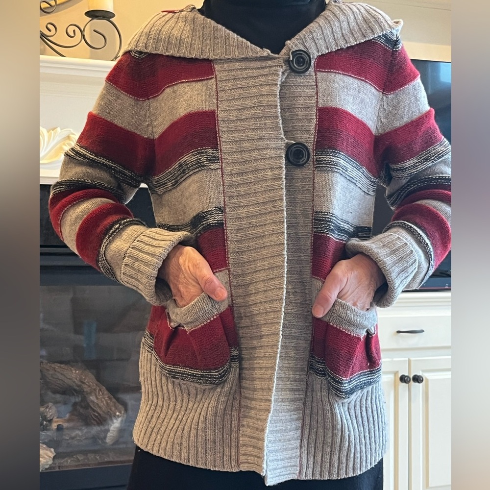 Bob Timberlake Oversized Wool Cardigan Sweater Hooded Red Gray Striped